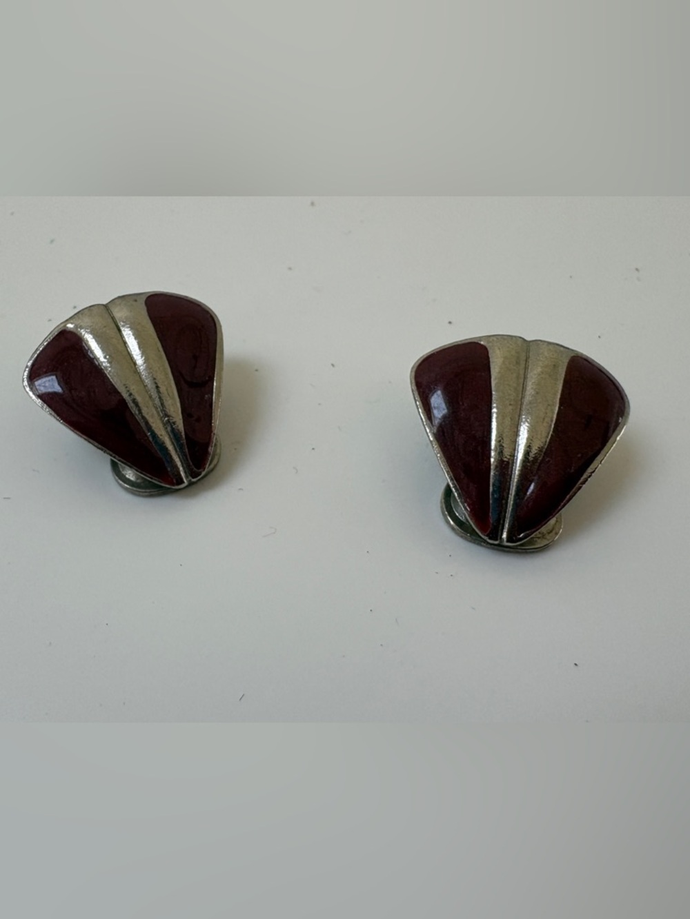 Vintage Maroon Silver Fan-Shaped Clip Earrings